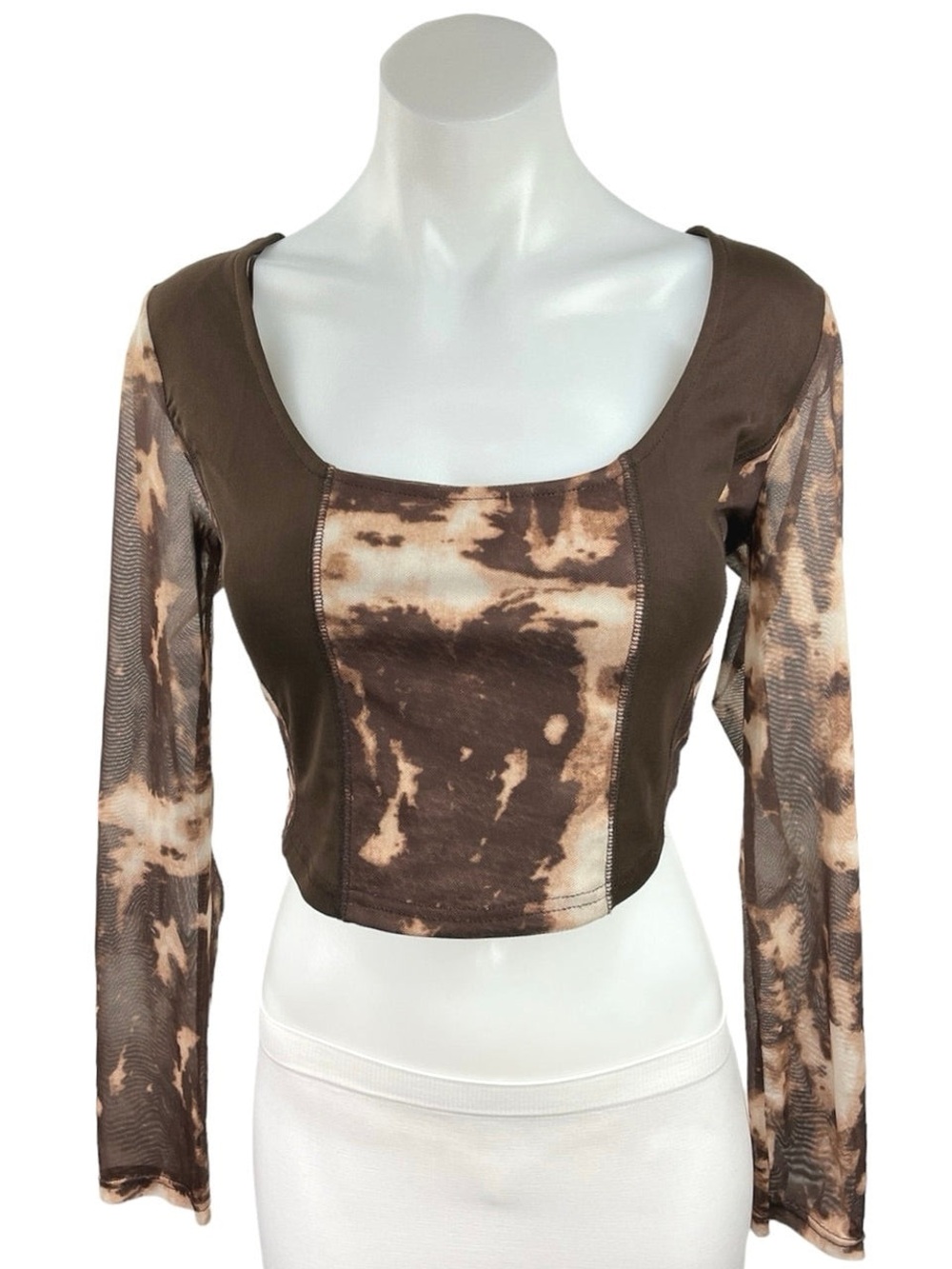 Brown Tie-Dye Square Neck Long Sleeve Crop Top